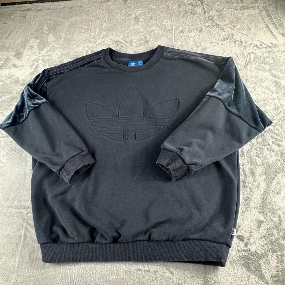Adidas Velvet Crewneck Sweatshirt Womens Large Black Minimalist Athleisure Y2K